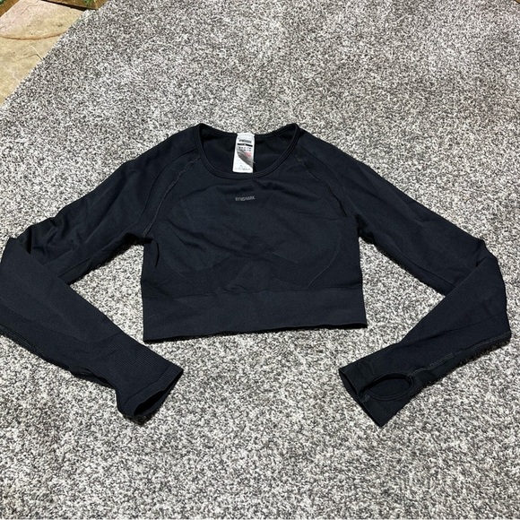 Gymshark Long Sleeve Crop Top Women's M Solid Black Fitted Workout Shirt - Picture 1 of 9